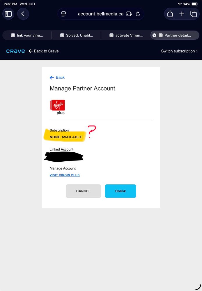 But it shows no subscription with only option to go back to virgin plus website… looping back